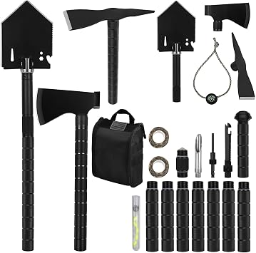 IUNIO Survival Off-Roading Tool Kit, 19 in 1 Folding Shovel, Camping Axe, Multitool, Pickaxe, with Carrying Bag, for Outdoor, Car Emergency Upgrade Black