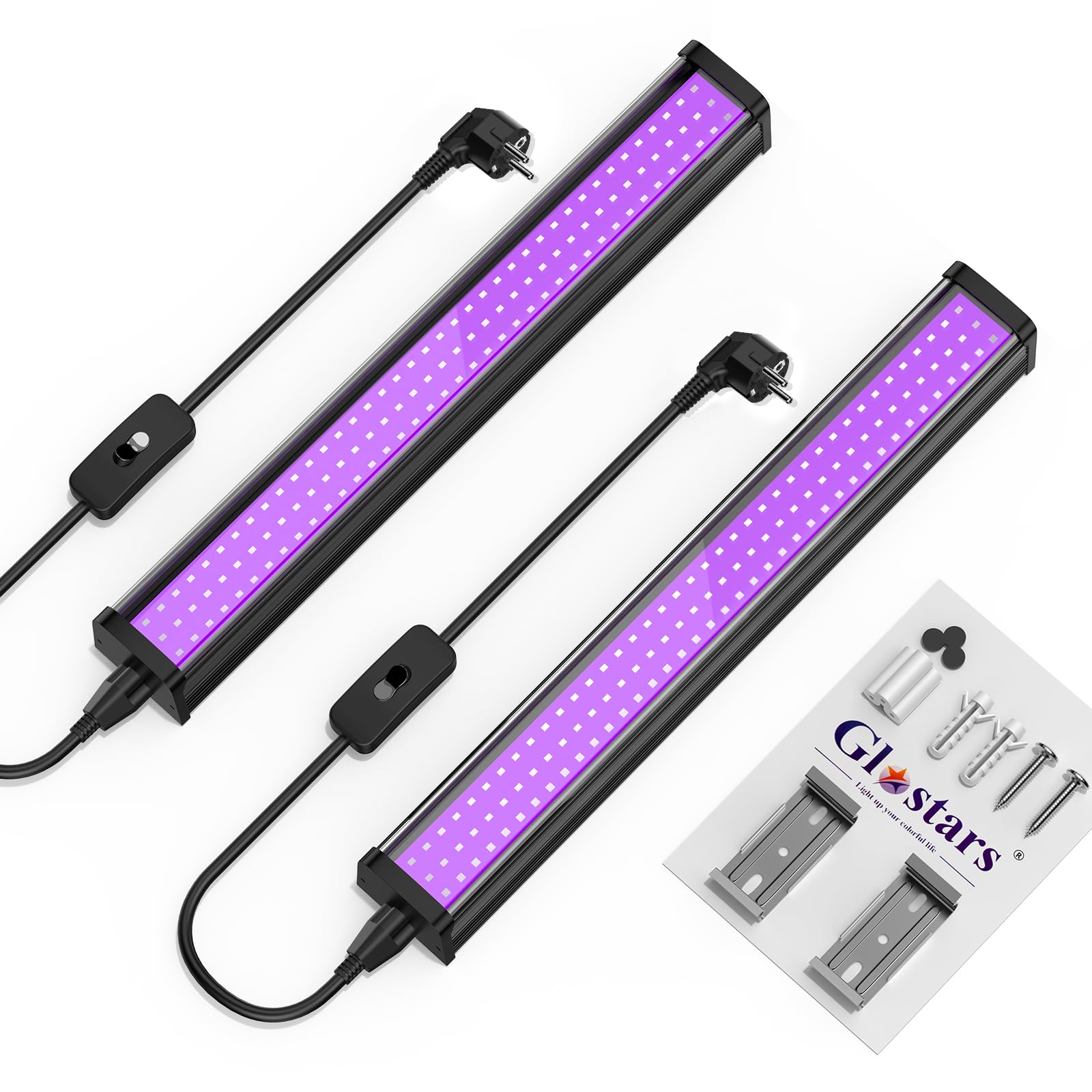 Glostars Lumière Noire 26W, 395nm Lampe UV, Lumière Noire LED avec Interrupteur et Prise, Chaque Zone Eclairée 18x18ft, pour les Lumiere Noire Soiree Fluo, Disco, DJ