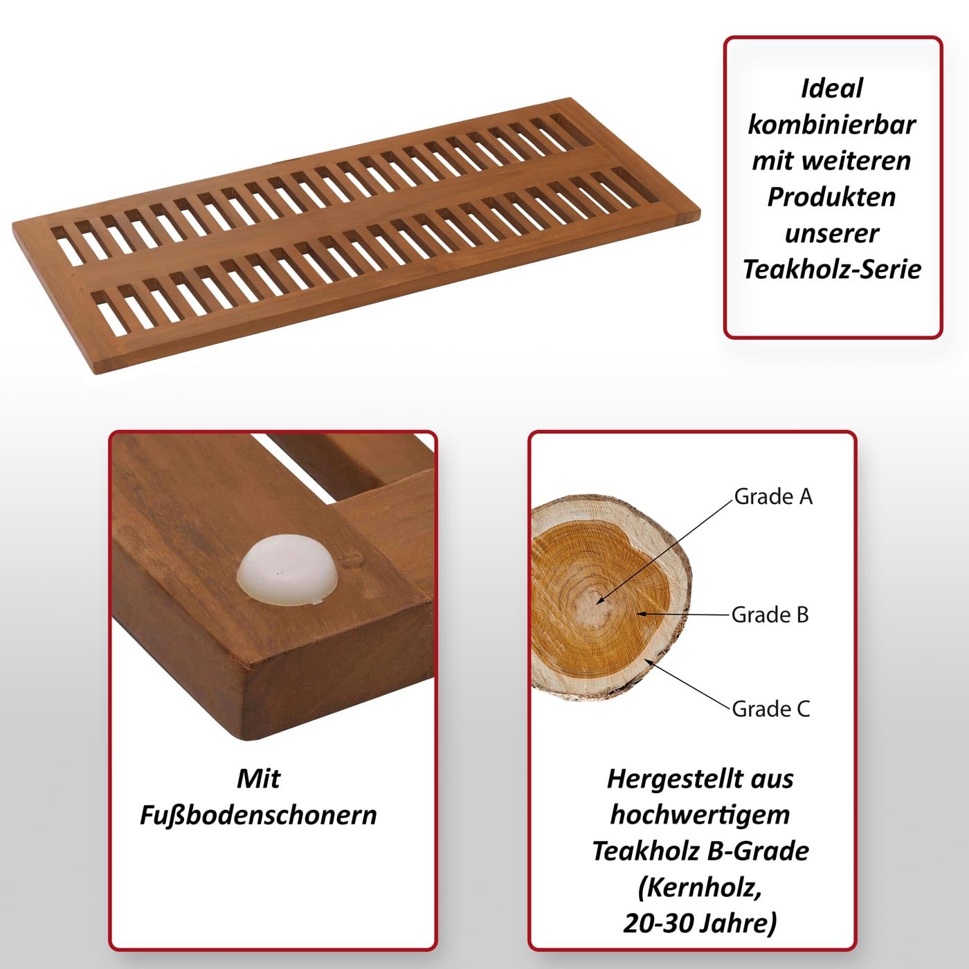 Mendler Teak-Badematte HWC-M86 3x40x100cm | Duschmatte, Badvorleger, hochwertiges B-Grade-Teak, (Kernholz, 20-30 Jahre)