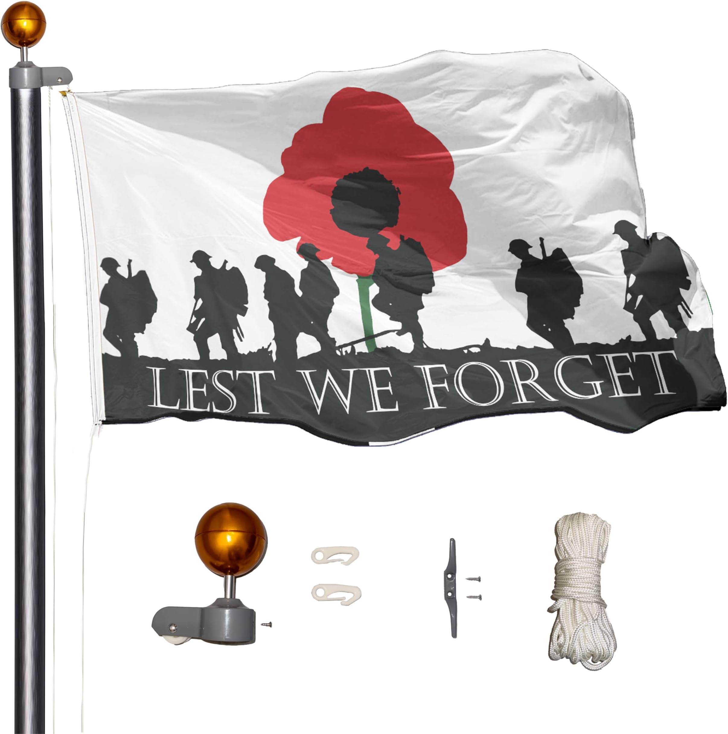 6m (20ft) Sectional Flag Pole – Includes ‘Lest We Forget’ Army Flag – Sturdy Aluminium, 6 Poles, Pulley & Rope System, Easy Assembly