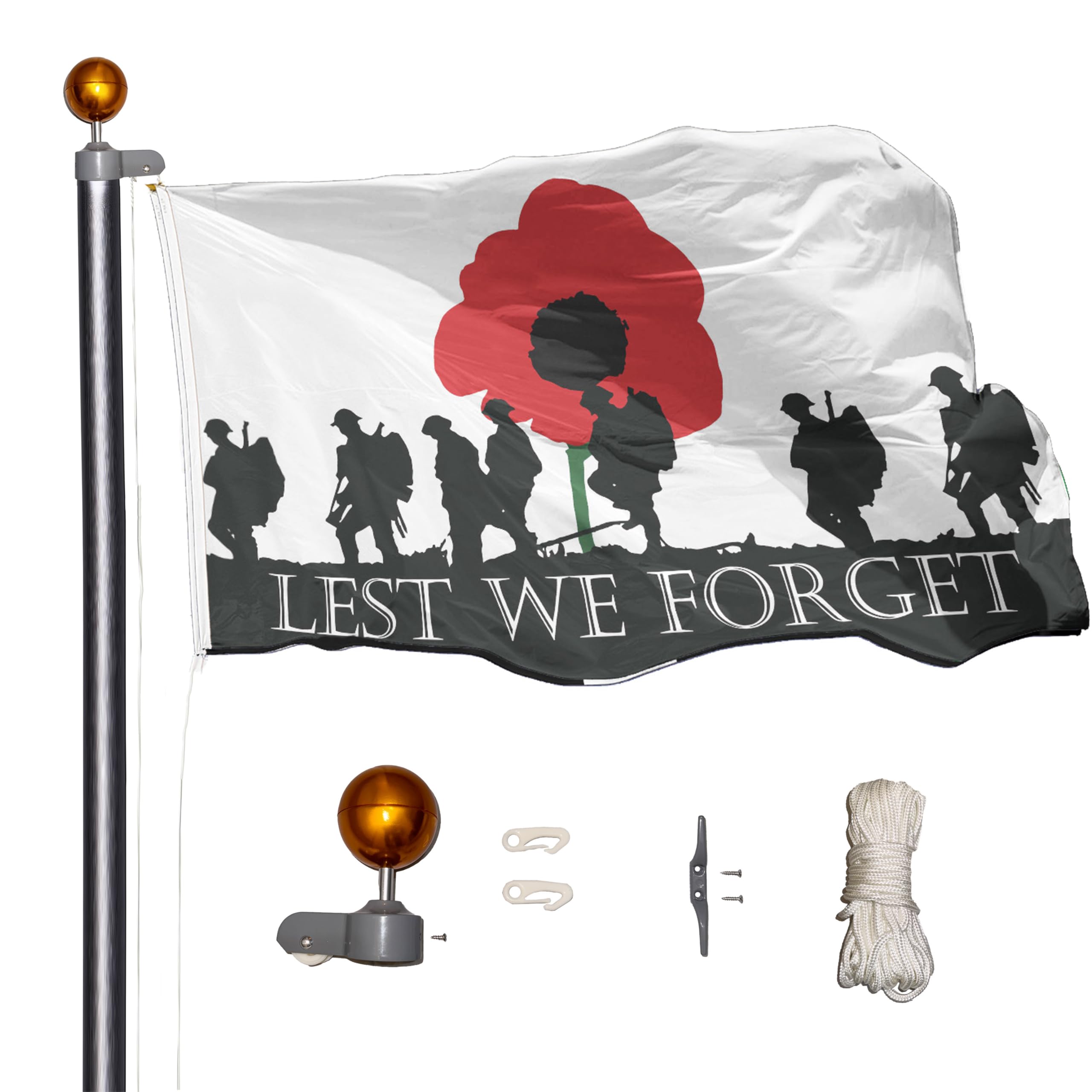 Flagtex 6m (20ft) Flag Pole – Includes Lest We Forget Army and Union Jack Flag – Sturdy Aluminium, 6 Poles, Pulley & Rope System, Easy Assembly