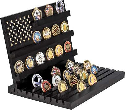 Challenge Coin Display, Slotted Stands Military Coin Holder Display Rack Solid Wood for Army Coin Collection Desk Tabletop Decorative Stands, Large Capacity of 80 Coins 8 Raw Black