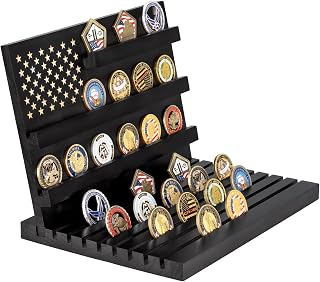 Challenge Coin Display, Black Military Coin Holder Tabletop Case | Large Slotted Stand Hold 80 Multi Coins 3+8 Racks Solid Wood Gift for Navy Army Police Veterans Collection Desktop Decorative