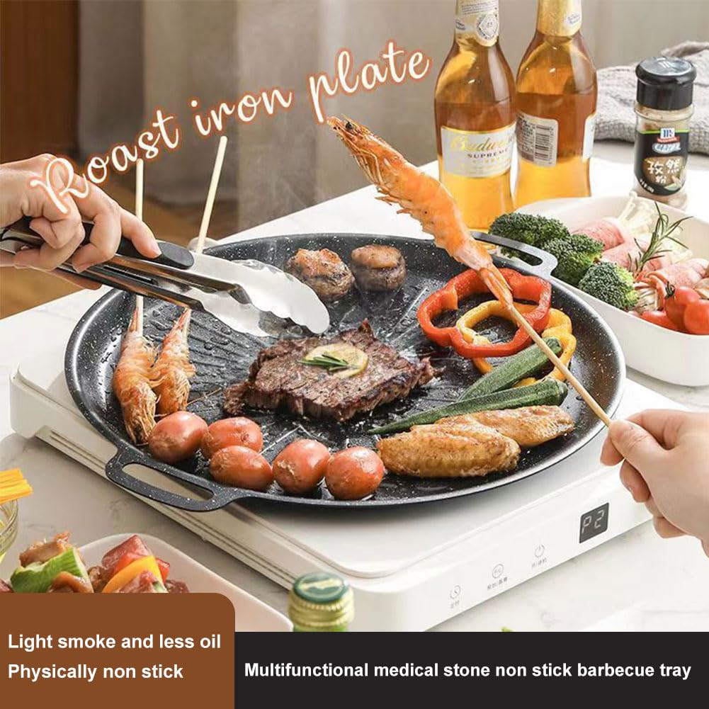 Placa de fuego de hierro fundido, diámetro de 35 cm, parrilla ideal para la parrilla y el horno, placa para barbacoa al aire libre con asa, sartén de hierro fundido, alfombrilla para barbacoa de gas y