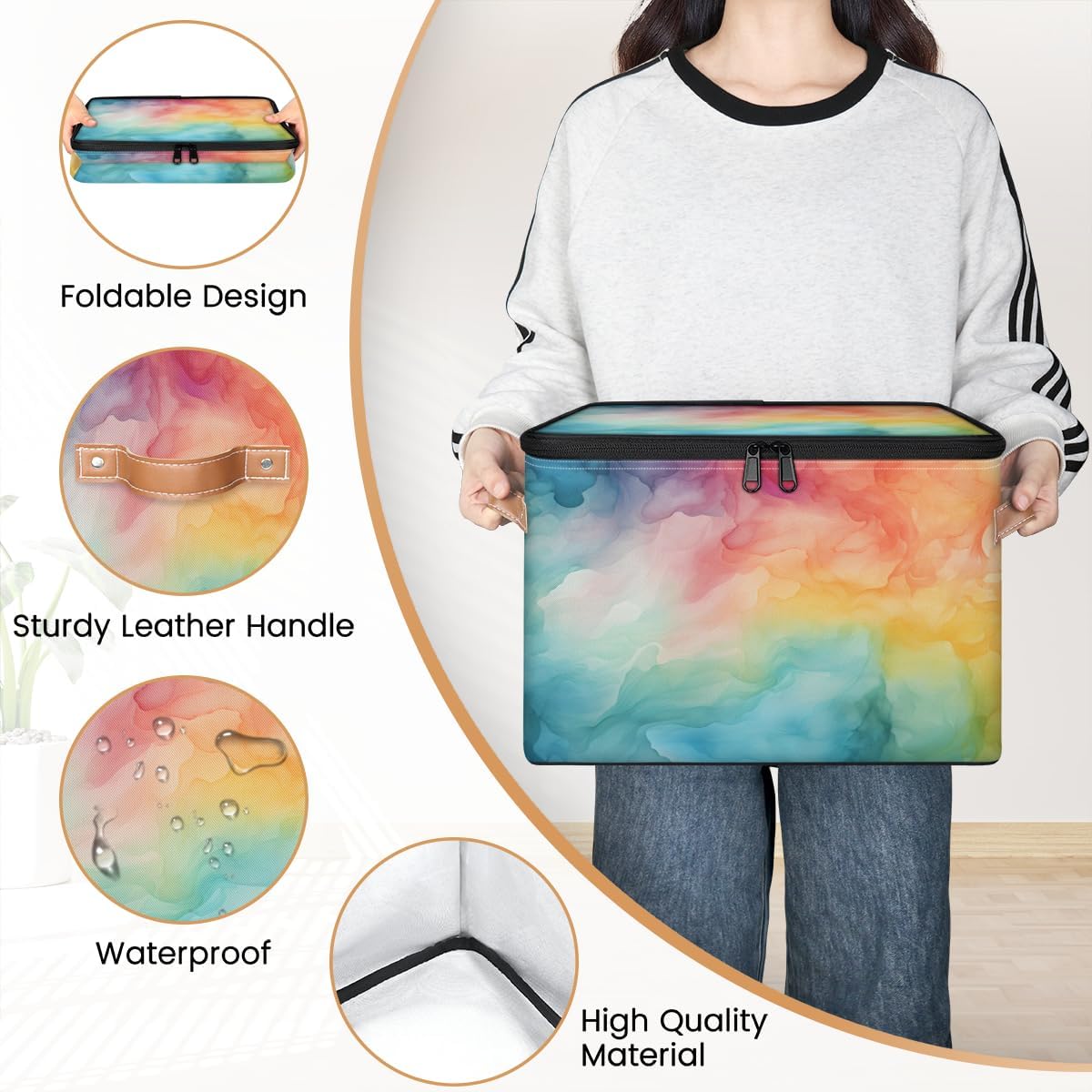 Storage Bin Set of 2 Abstract Rainbow Storage Basket with Zipper Lid & Handle Foldable Closet Shelf 2 Pack Cloth Organizer Basket Cube Bins Clothes Organizer for Bedroom, Nursery