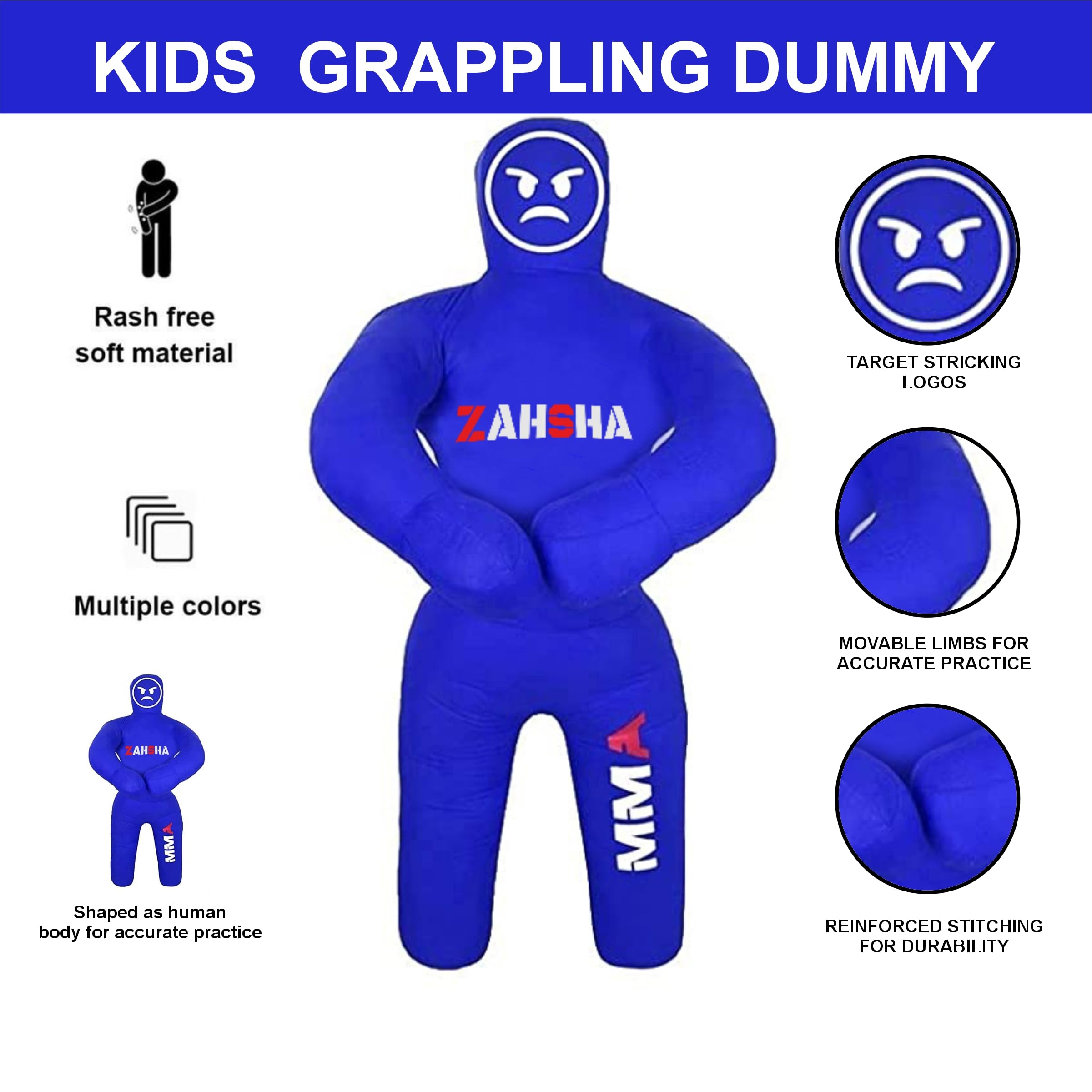 Zahsha MMA Kids Grappling Dummy, Premium Canvas, Double Stitched, Life-Like Training Dummy (Blue)