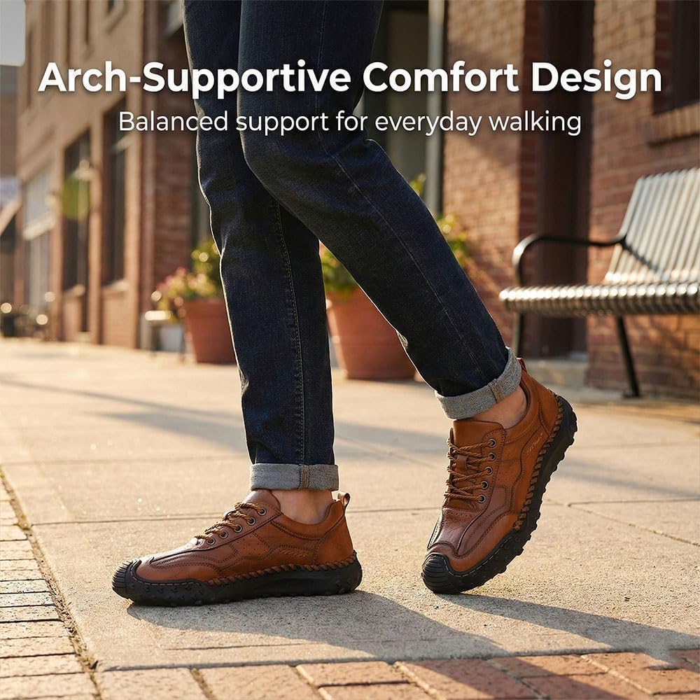 Men Vintage Leather Hiking Boots,Wide Toe Box Breathable Hand-Sewn Outdoor Waterproof Lightweight Casual Shoes with Orthopedic Arch Support for Driving & Walking,Yellow,9