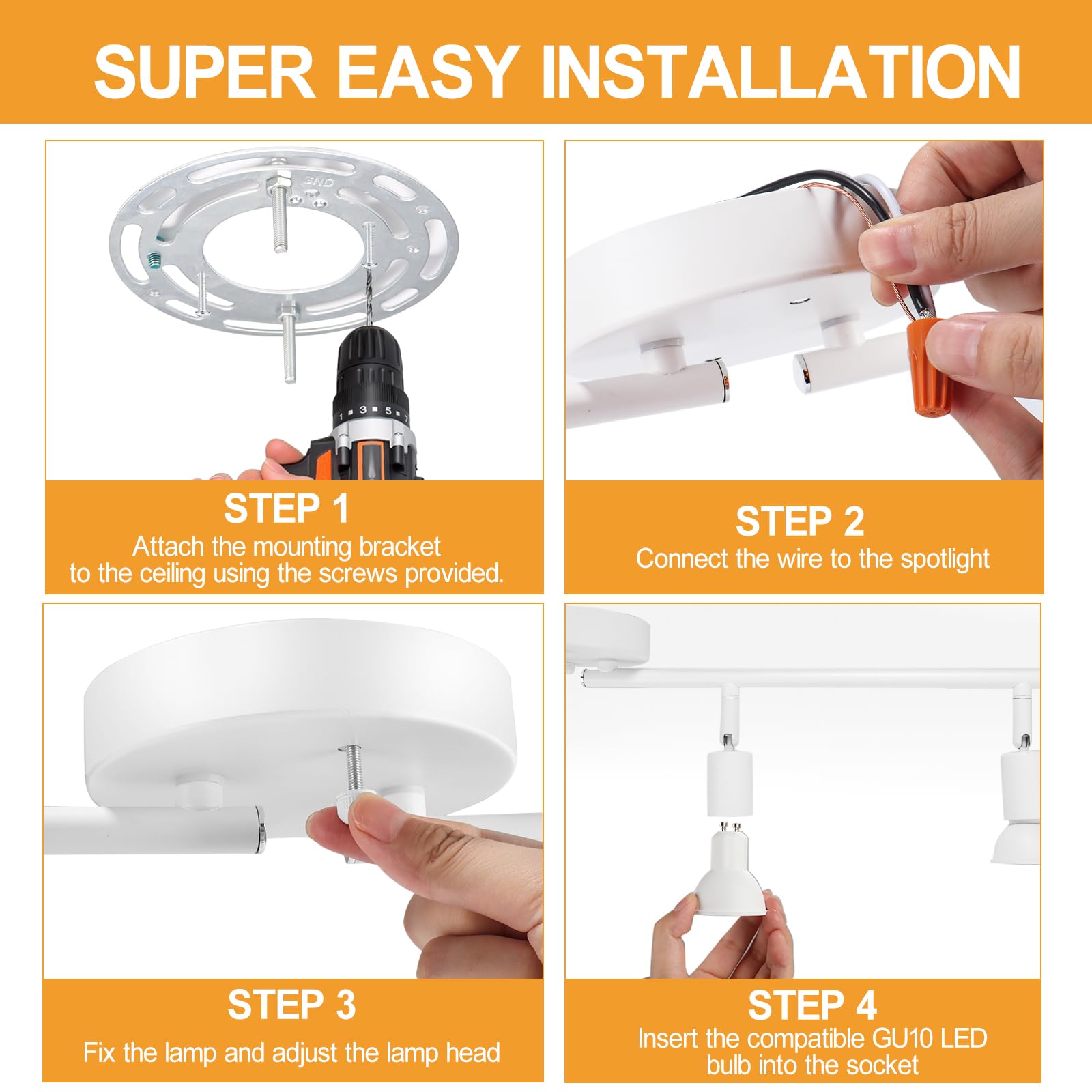 Accesorio de iluminación de riel de 4 luces, cabezales giratorios GU10, blanco mate, bombillas no incluidas, perfecto para cocina, oficina, lavandería, comedor 7