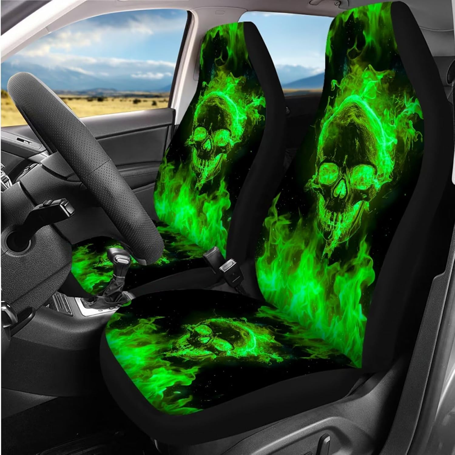 Green Flame Skull Car Interior Accessories Set of 8, Car Seat Covers with Auto Steering Wheel Cover, Center Console Pad, Seat Belt Covers, Automotive Decorations