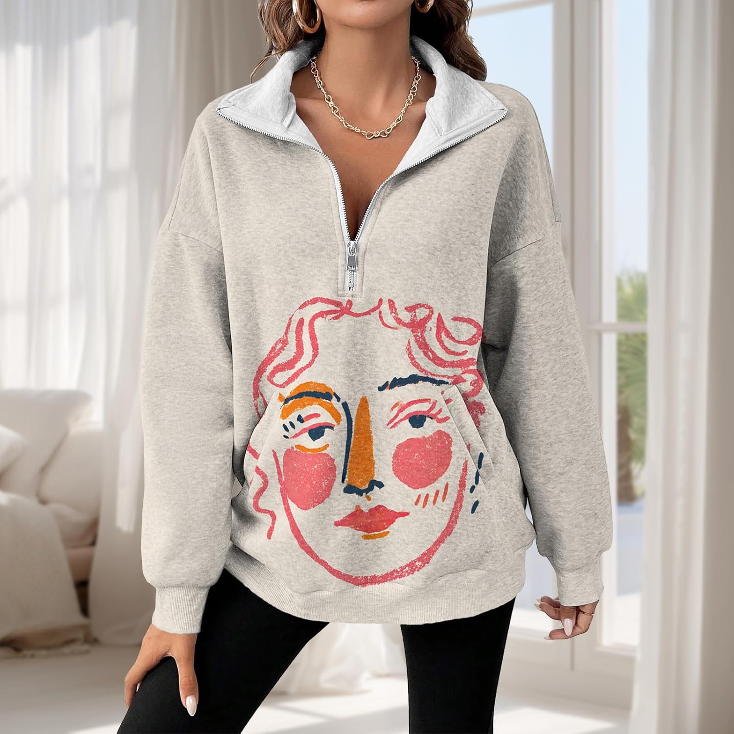 Novelty Pullover Quarter-Zip Long-Sleeve Hoodies With Pocket Oversized Comfy Sweatshirts Fashion Fall Outfits - Image 2