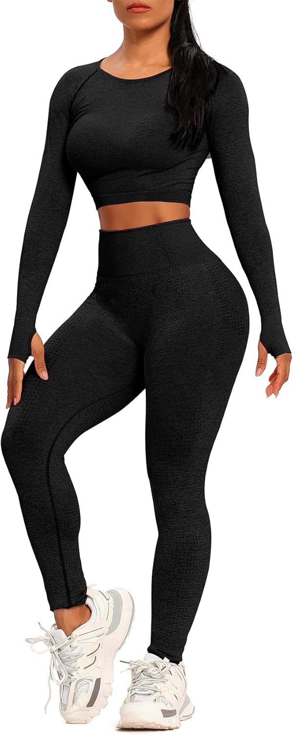 SEASUM Workout Sets for Women High Waist Seamless Cute Yoga Leggings Workout Sets for Women 2 Piece Gym Clothes
