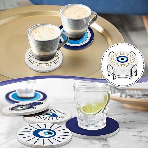 Miniatura 5 de Zubebe Juego de 6 posavasos de cerámica contra el mal de ojo con portavasos, posavasos azules malvados para bebidas, tapete redondo absorbente con