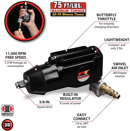 Miniatura 3 de Performance Tool M562DB - Llave de impacto de mariposa de 38 pulgadas, par de torsión de funcionamiento 20-75 pieslibras, color negro
