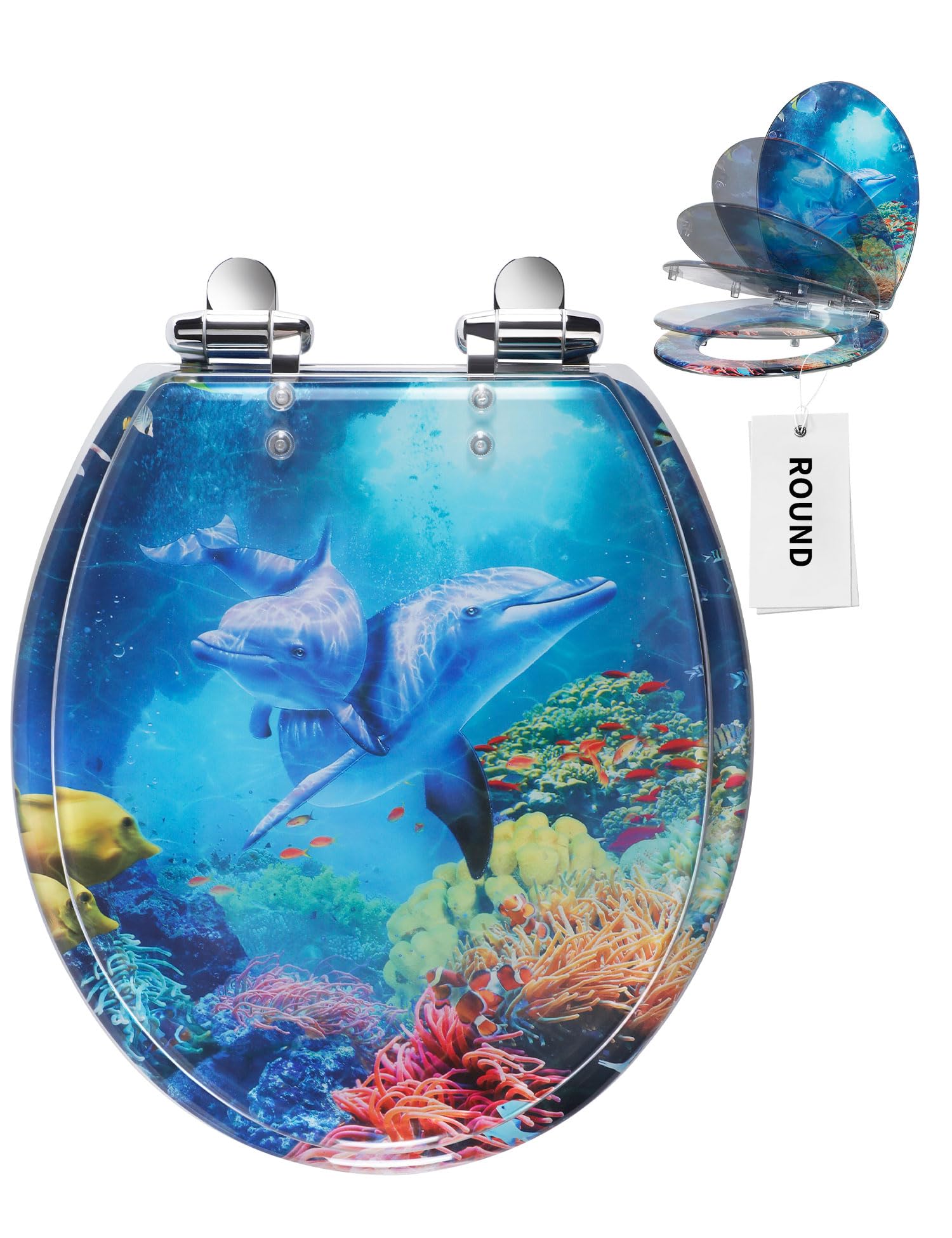 Siège de toilette rond en résine bleu avec dauphins de 43,2 cm et fermeture lente