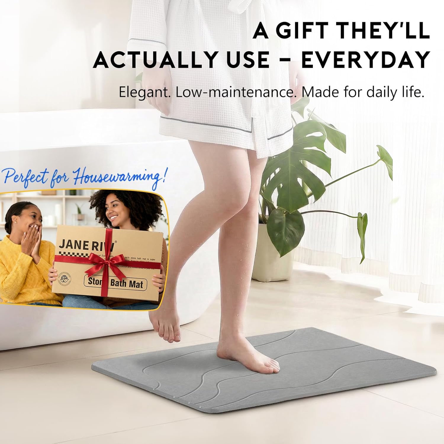 Stone Bath Mat, Quick-Dry Diatomaceous Earth Shower Mat, Absorbent Bathroom Mat for Shower/Tub Exit, New Apartment Essential & Housewarming Gift, 23.5" x 15.5" Light Gray Wave