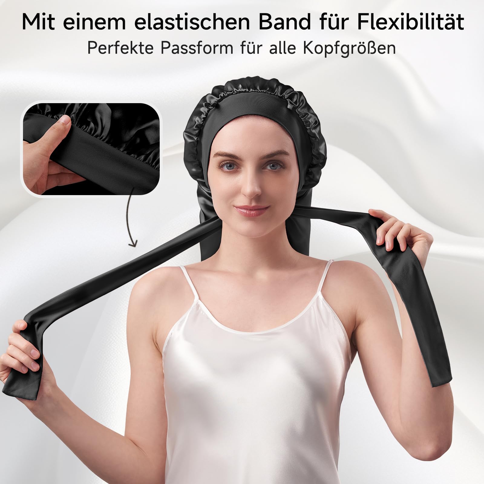 Umisleep 22 Momme 100% Maulbeerseide Schlafmütze, Doppelseitig, Weiche Nachtmütze für Voluminöses Haar, Atmungsaktiv, Verstellbares Breites Band, Schwarz