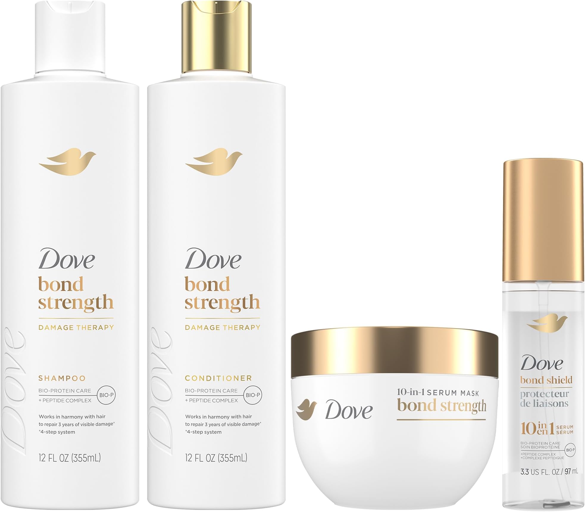 Bond Strength, Damage Therapy System – Shampoo, Conditioner, 10-in-1 Shield Serum & Peptide Mask, Hair Repair Treatment, Anti-Frizz (4 Piece Set)