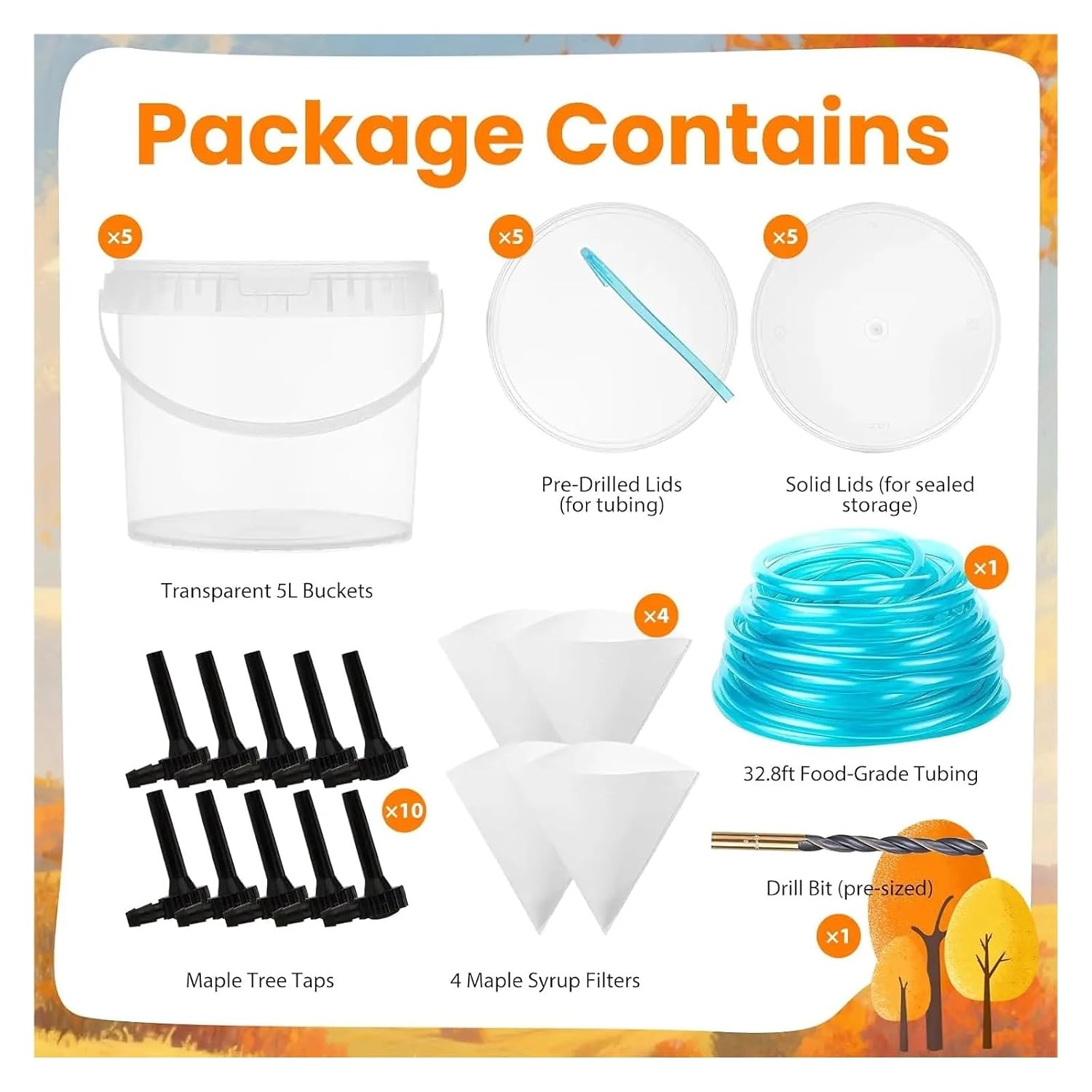 Maple Syrup Tapping Kit 5 Sets with Buckets, Tubing, Filters, Taps for Birch Collection