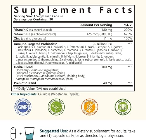 Miniatura 2 de NatureMyst Probióticos para mujeres y hombres, 120 mil millones de UFC, 34 cepas, prebióticos, saúco, reishi, zinc, VD3, salud inmune y digestiva,