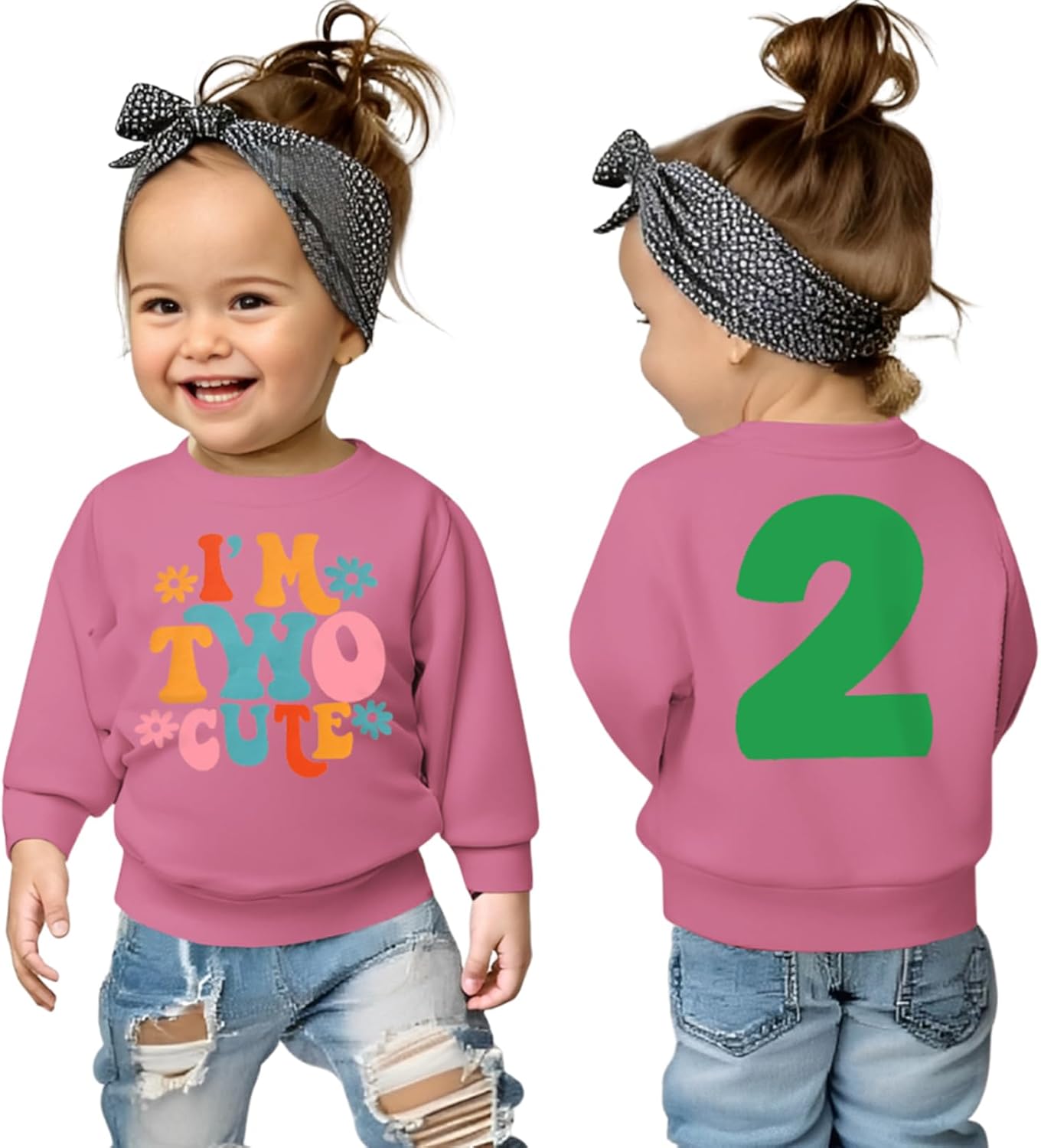 KEKEMI Birthday Sweatshirt for Toddler Girl I’M TWO CUTE Birthday Girl Outfit 2T B-Day Party Long Sleeve Shirt Cute Fall Tops