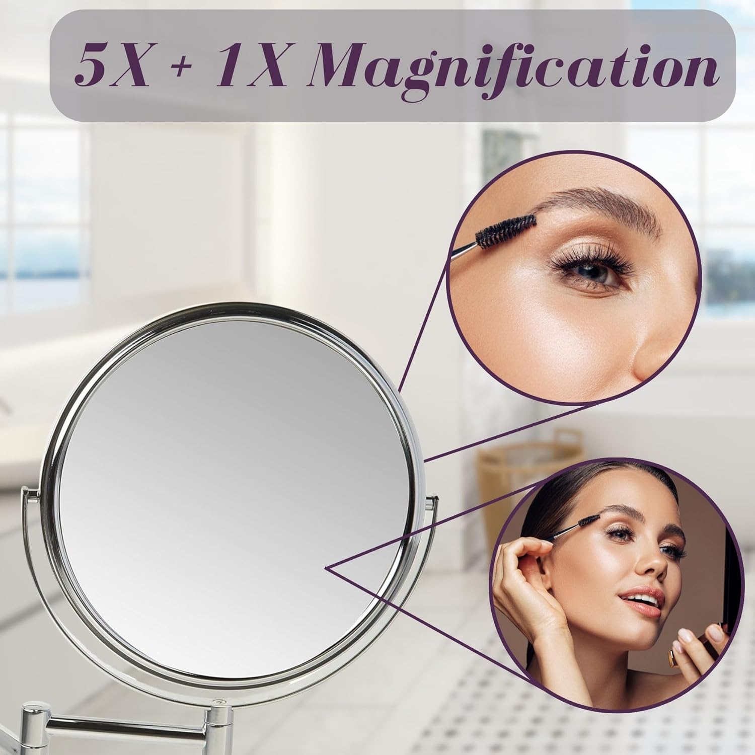 Close-up view of a person applying mascara using the 5X magnification side of the mirror