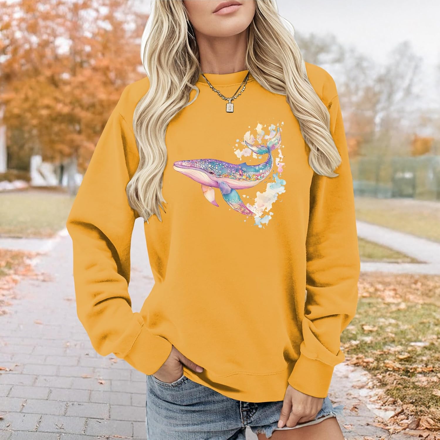 Womens Yellow Pattern Sweatshirt Long Sleeve Cotton Blend Casual Sweatshirt Loose Fit Vintage Streetwear Must Have - Image 3