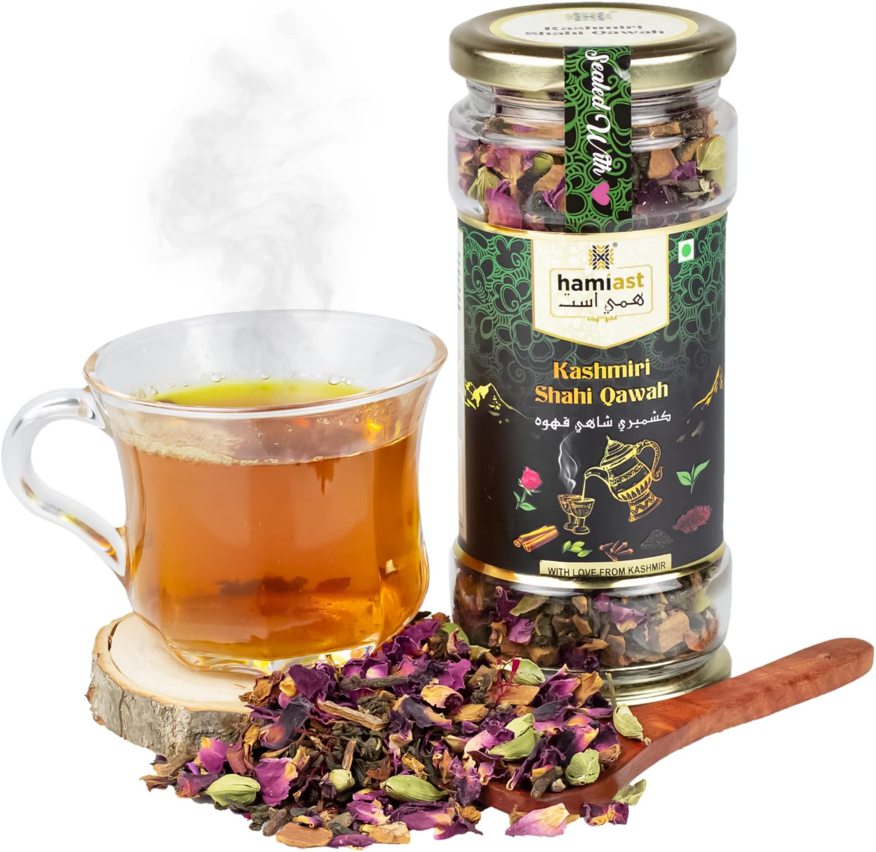 Hamiast Kashmiri Shahi Qawah (Kahwa) Green Tea with Saffron, Authentic and Traditional Blend, Sugar-Free, 100g, 50 Cup