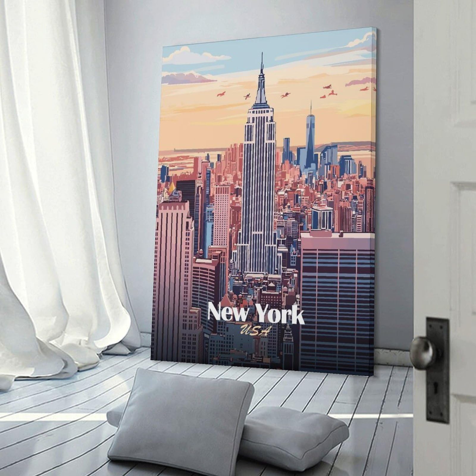 Junmoney New York City Skyline Illustration(2) Wall Art Print 24x36inch(60x90cm), for Lounge, Study, Hallway Or Flat Walls, Decorative Artwork with Broad Appeal