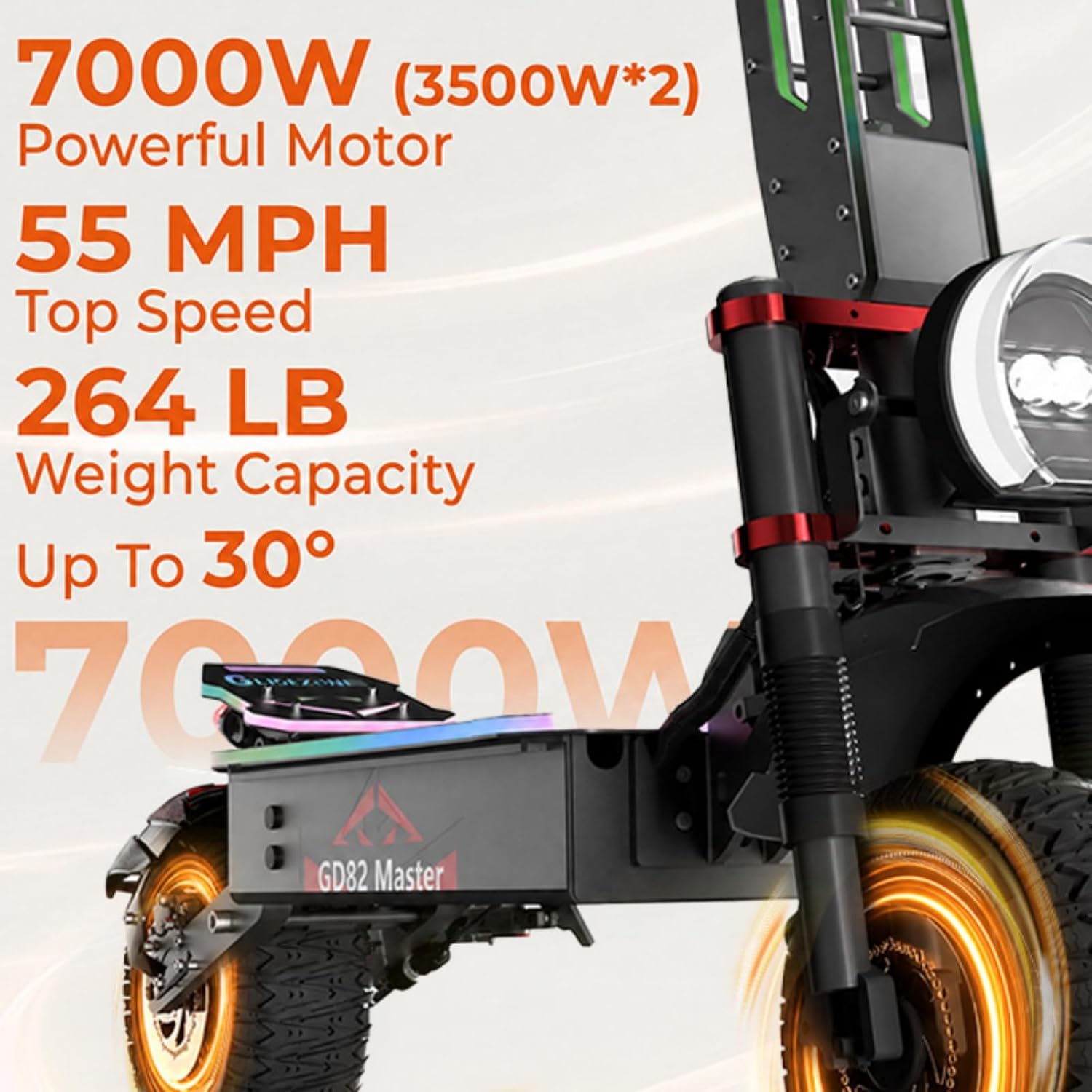 GD82 Electric Scooter for Adults,7000W Dual Motor Off-Road E-Scooter, Up to 55 Mph, 50 Miles Max Range, 60V/36AH Battery, Dual Suspension Hydraulic Braking System, 12" Off-Road Tire