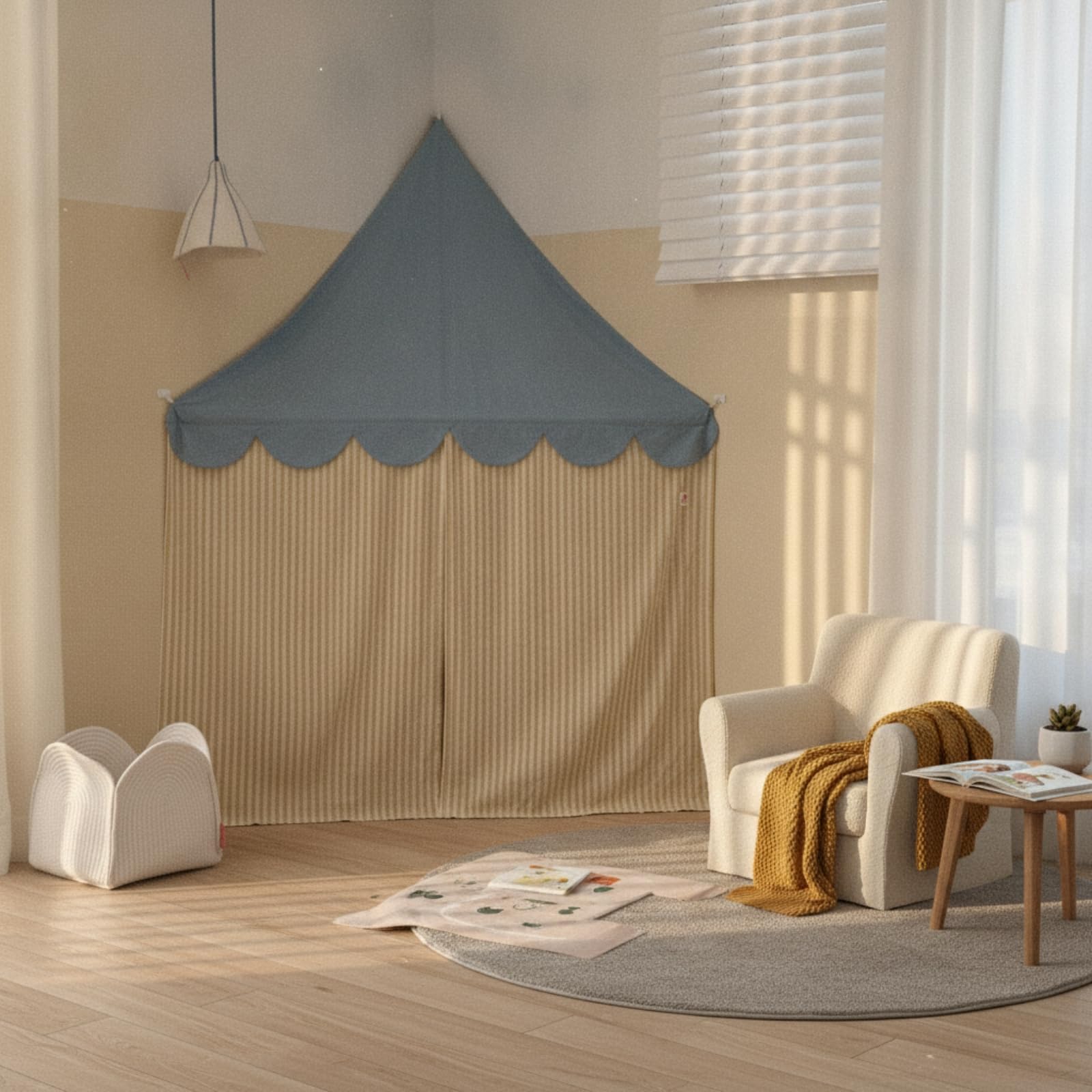 Tenda Angolare per Bambini Tenda Gioco Capanna Baldacchino Rifugio Salvaspazio per Angolo con Struttura in Tessuto E, style to 1