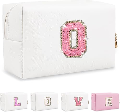 Small Initial Patch Makeup Bag Personalized Gifts Make Up Bag,White Cute PU Leat