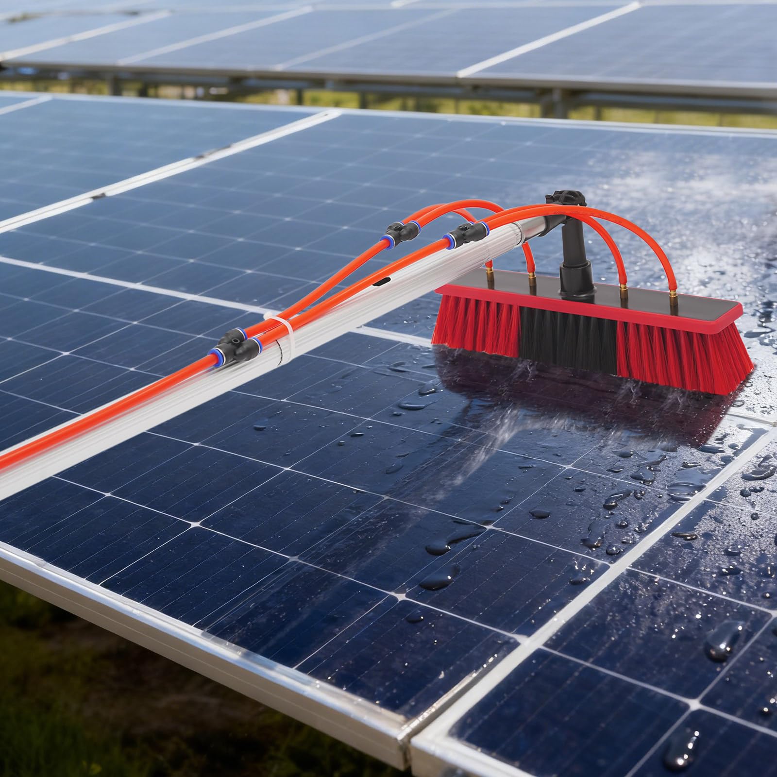 Cepillo de lavado telescópico de 4 m con conexión de agua, barra de limpieza para paneles fotovoltaicos, claraboyas y jardines de invierno, incluye manguera de 20 m, extensible, cerdas suaves (4 m de