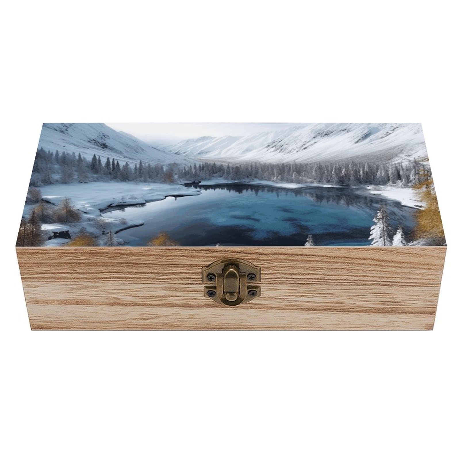 Wooden Storage Box Winter Mountains Snow Scene Wood Gift Box with Hinged Lid Vintage Decorative Jewelry Boxes Memory Box for Jewelry Art Hobbies Home Storage Treasure Keepsake Gift 7.9''x3.9''x2.3''