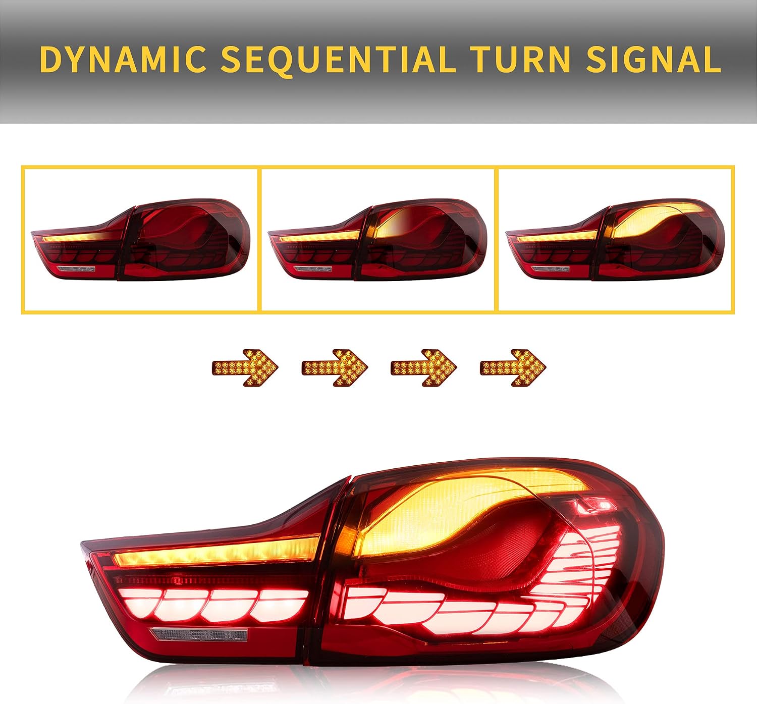 VLAND OLED 4 Series Taillights W/Sequential Turn Signal Compatible for BMW M4 GTS F32 F33 F82 F83 2014-2020 Sedan/Convertible/Coupe, W/Dragon Scales dynamic Running Light, Red Lens Style