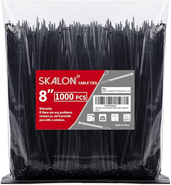 Zip Ties 8 inch (1000 Pack), 40lbs Tensile Strength, Black Cable Ties, Wire Ties for indoor and outdoor use, by Skalon
