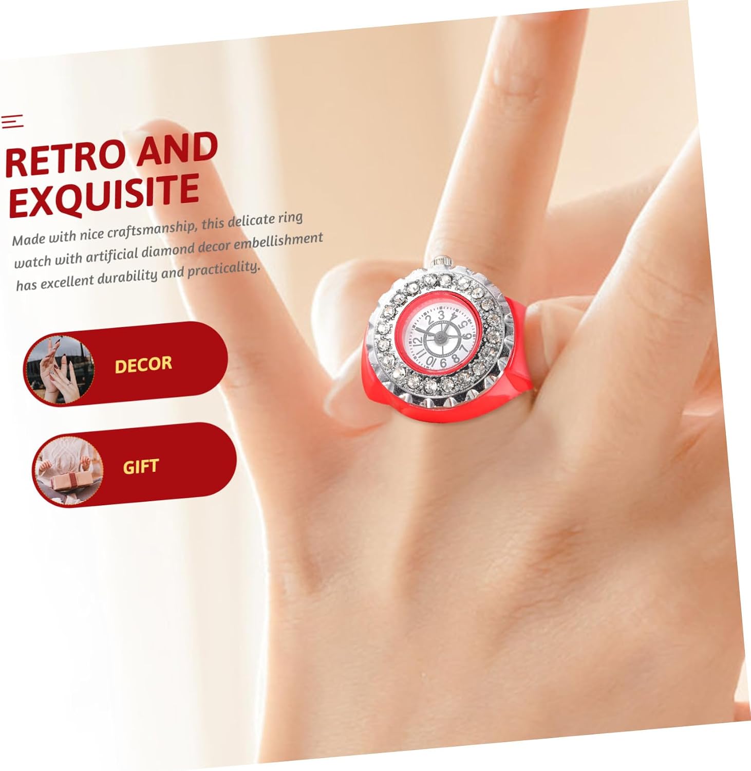 Shiny Finger Ring Watch with Glitter Design Decorative Jewelry for Women and Men Unique Timepiece Ring for