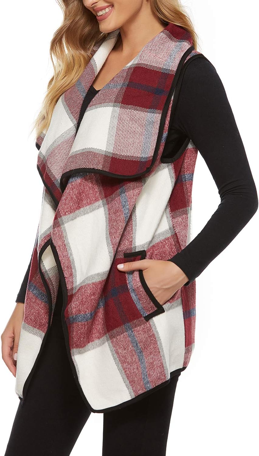 YACUN Women Plaid Vest Lapel Open Front Sleeveless Jacket Outerwear Cardigan with Pockets