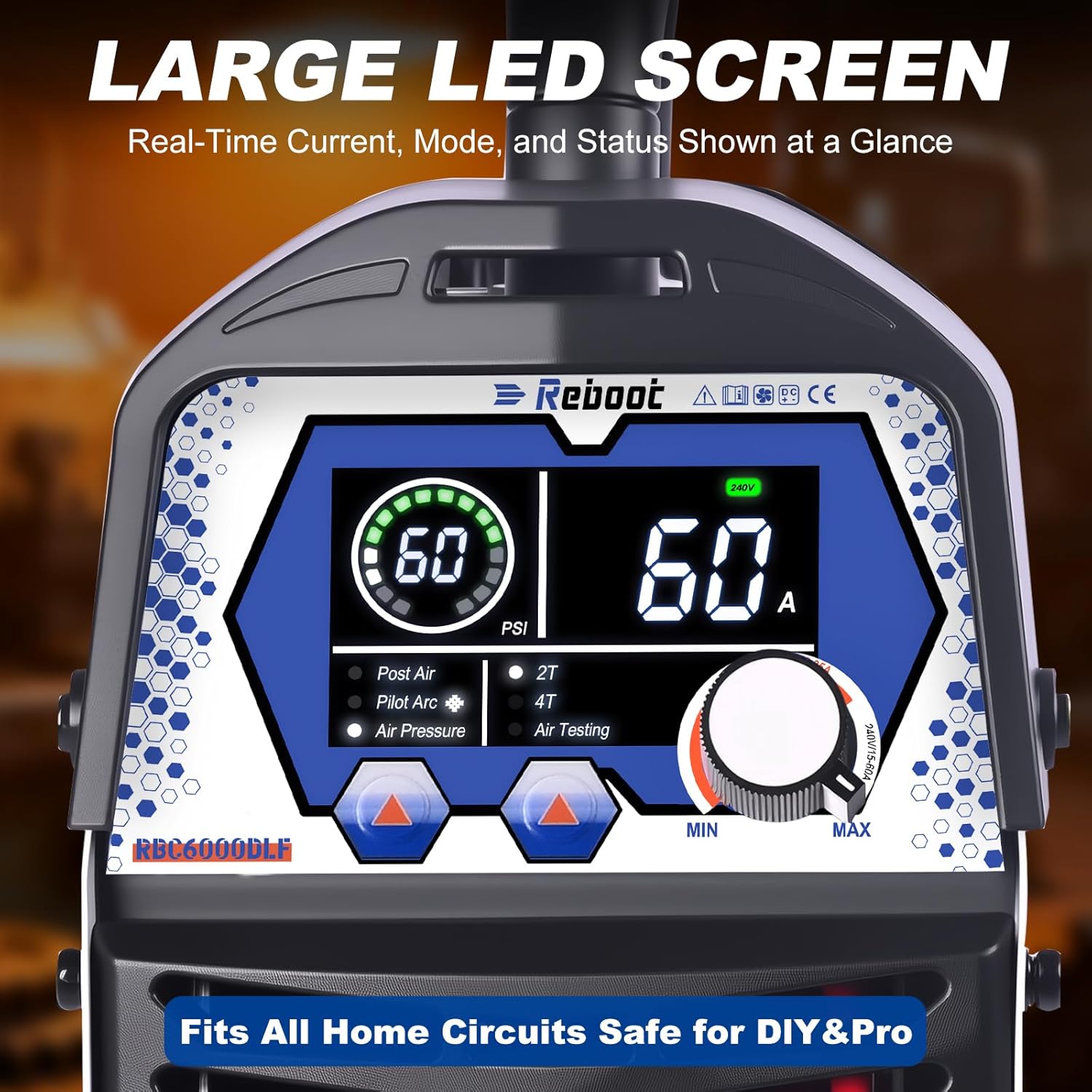 Large LED screen of the Reboot Plasma Cutter showing real-time current, mode, and status.