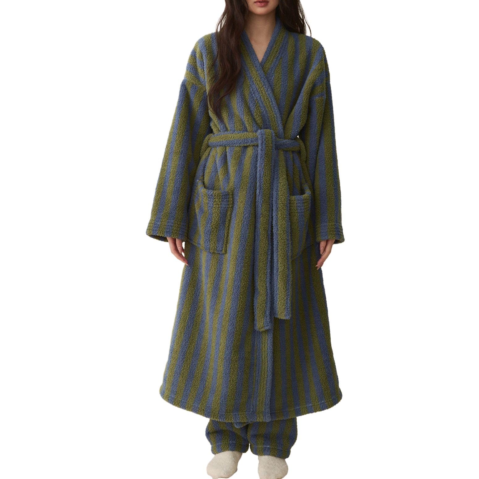 Homgro Women's Fuzzy Fleece Long Robe Striped Plush Kimono Warm Thick Fluffy Oversized V Neck Loungewear Maxi Bathrobe
