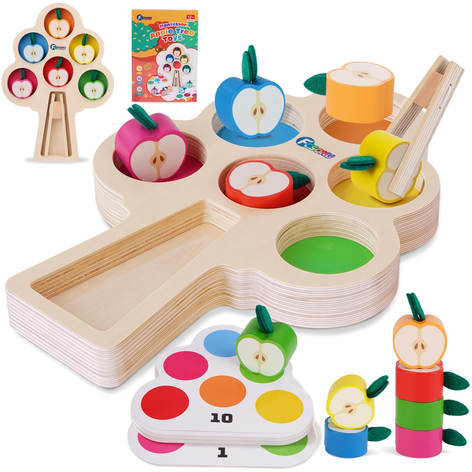 FCSONU Montessori Toddler Toys for 2 3 Year Old, Clip Apple Matching|Color Sorting Toys, Kid Early Learning Fine Motor Skills Toys, Wooden Baby Sensory Toys, Present Birthday Gifts Christmas Boy Girl
