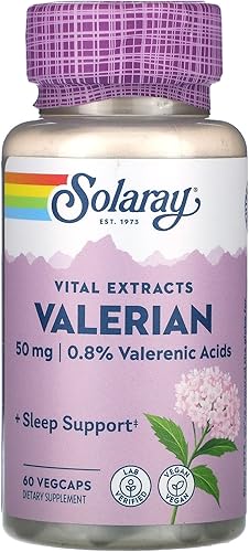 SOLARAY Extracto de raíz de valeriana 50 mg  Apoyo de relajación para un ciclo de sueño saludable  0.8% de ácidos valerénicos  60 CT