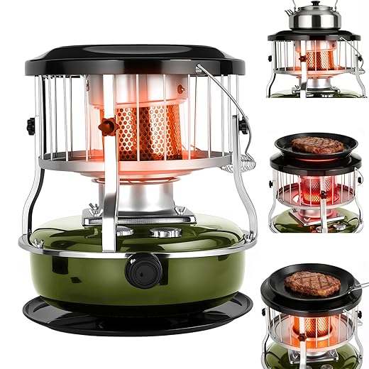 Indoor & Outdoor Kerosene Heater, Radiant Heating, Portable Non-Electric 9000 BTU Kerosene Stove for Camping, Hunting, Cooking (Army Green)