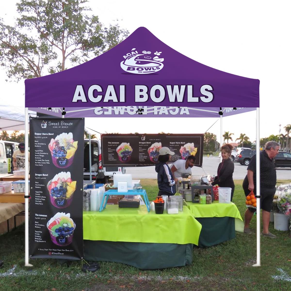 Acai Bowls Themed Pop Up Canopy Tent, 10x10 Outdoor Canopy Heavy Duty Vendor Tent for Acai Bowls Smoothies Promotion Food Booth Tent with Roller Bag, Back Wall, Sidewalls and Rails