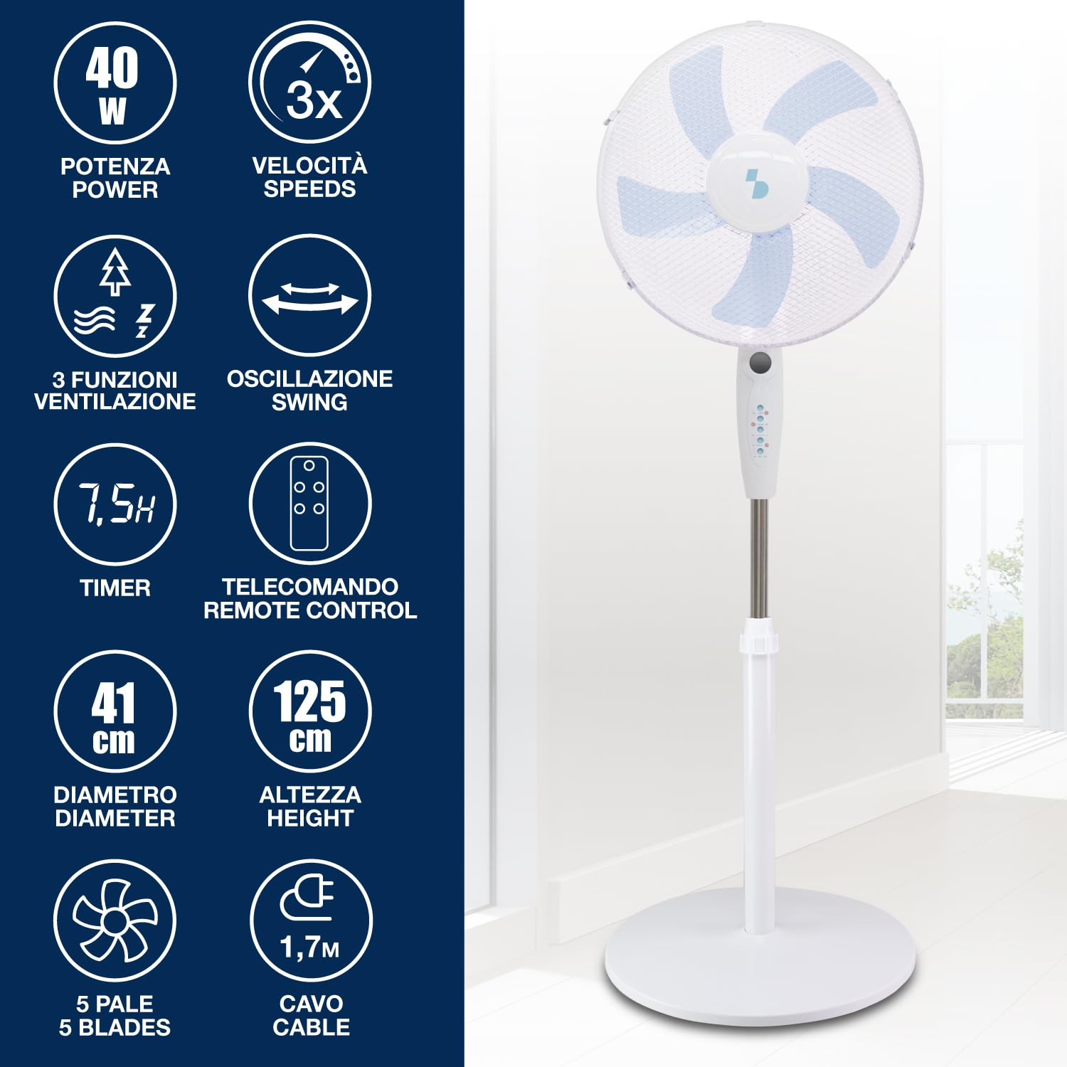 BEPER P206VEN133 Ventilateur sur pied avec télécommande, 40 cm, 5 pales, 3 vitesses et 3 modes, minuterie 7,5 h, oscillation, hauteur réglable jusqu'à 125 cm