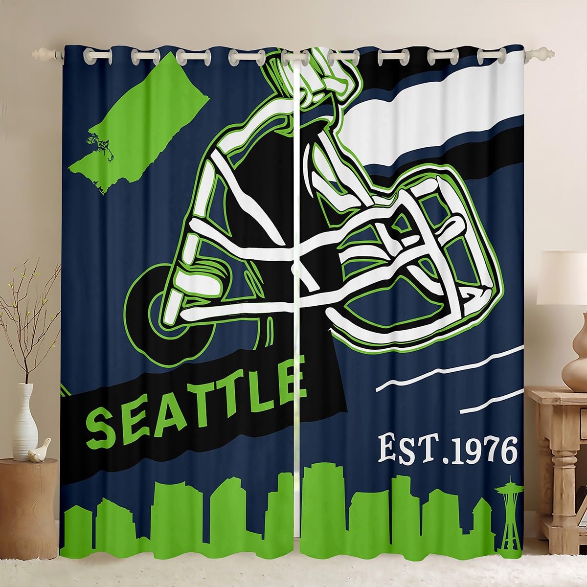 Erosebridal Football City Blackout Curtains, Rugby Helmet with City Map Curtains for Football Fans Gifts, Football City Silhouette Illustration Window Drapes 38''Wx54''L, Navy Green (Seattle)