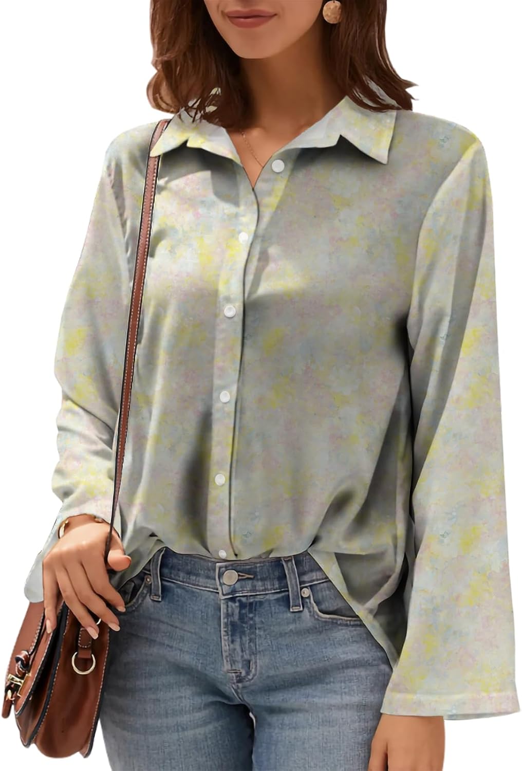 Womens Floral Print Button Down Shirt Long Sleeve Collared Blouse Dressy Casual Work Tops Loose Fit