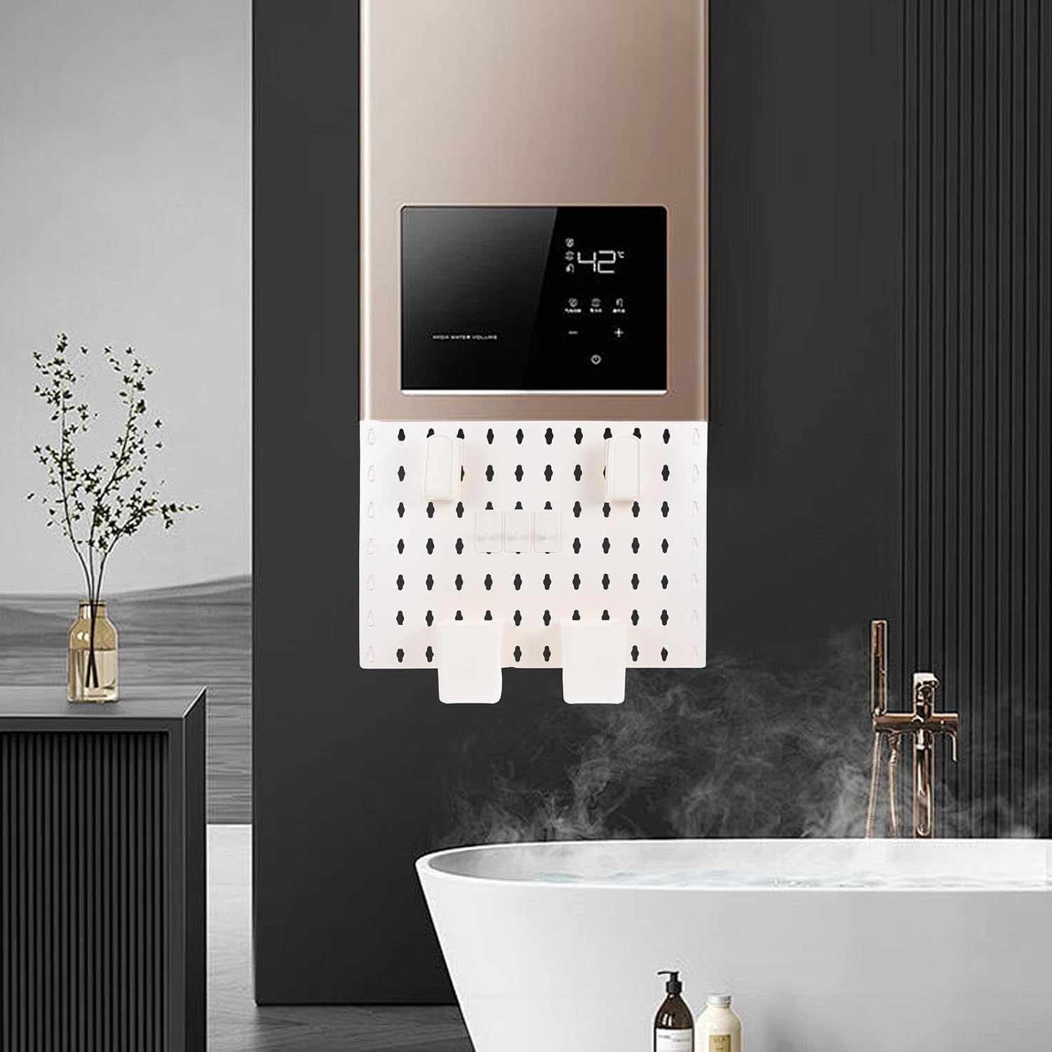 Wall Mounted Plastic Pegboard Panels Utility Organizer Rack for Garage and Living Room, Conceals Gas Water Heater Pipes, Sturdy White Tool Wall Organizer