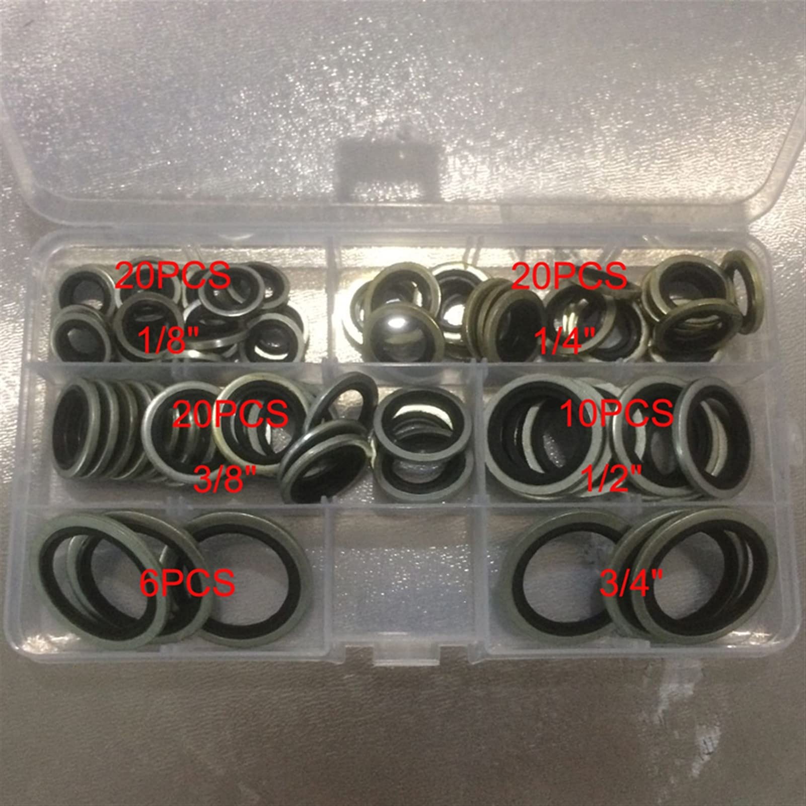 Zkenshan-Flache Unterlegscheiben Selbstzentrierender Metall-Gummi-gebundener Ablassschraube Oil o Ringwascherdichtung kombinierter Wapper-Dichtungsring Kunststoffkastensatz Set, 76 Stück, gute Verschl