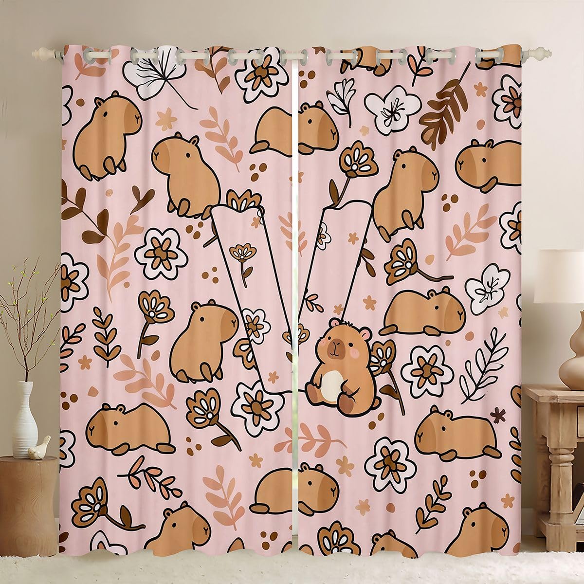 Homewish Cartoon Capybara Curtain 137x117(HxB) Niedliche Tiere Vorhänge Schlafzimmer Capybara Liebhaber Buchstabe V Verdunkelungsvorhänge Zweige Florale 2 Paneele Vorhang