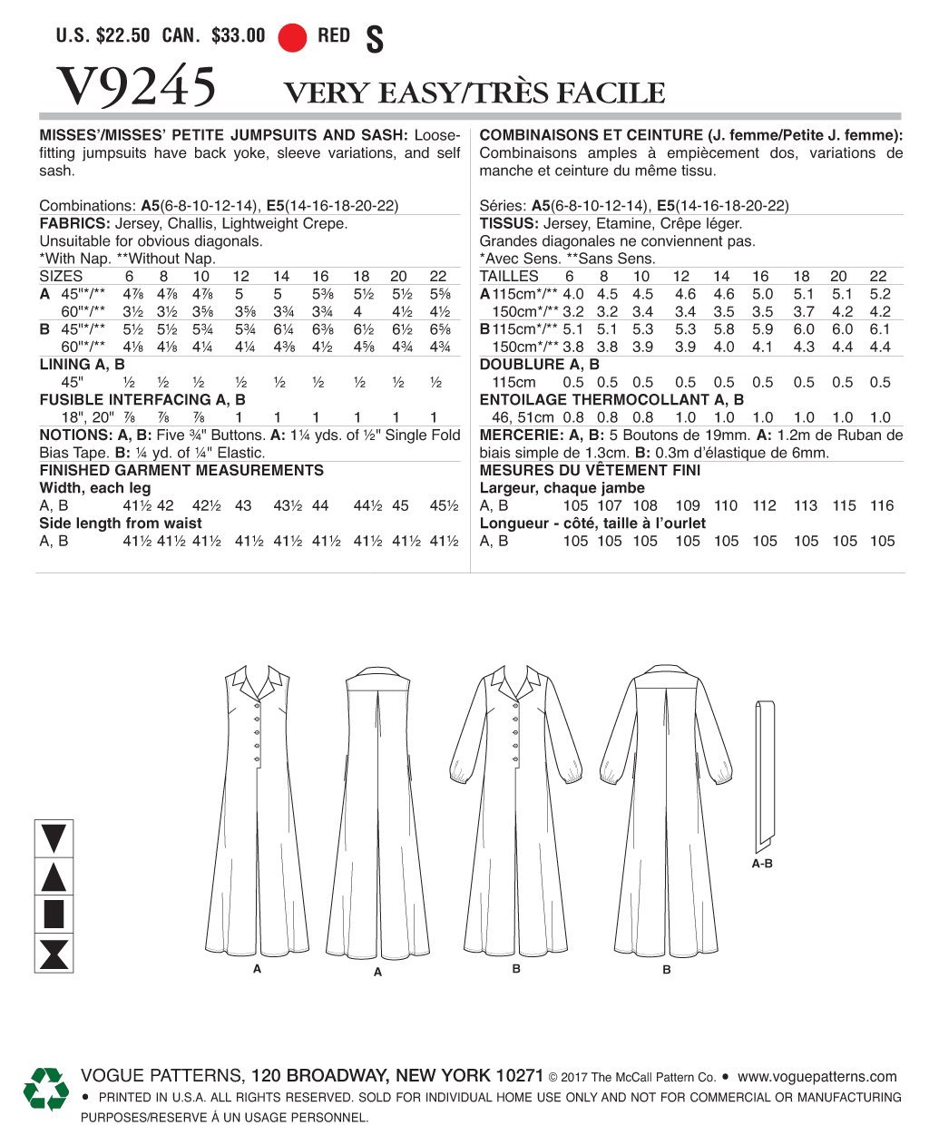 Butterick Vogue Pattern V9245-A50 - Miss Petite Jumpsuit & Sash Sewing Pattern, Sizes 6-14